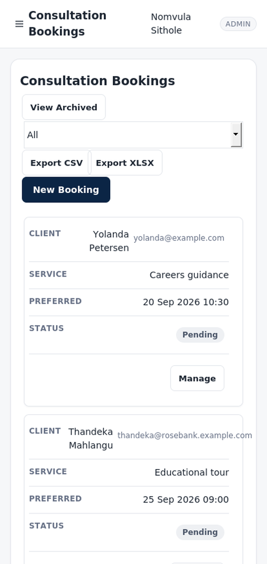 Education Services Website & Staff Portal: Mobile portal bookings