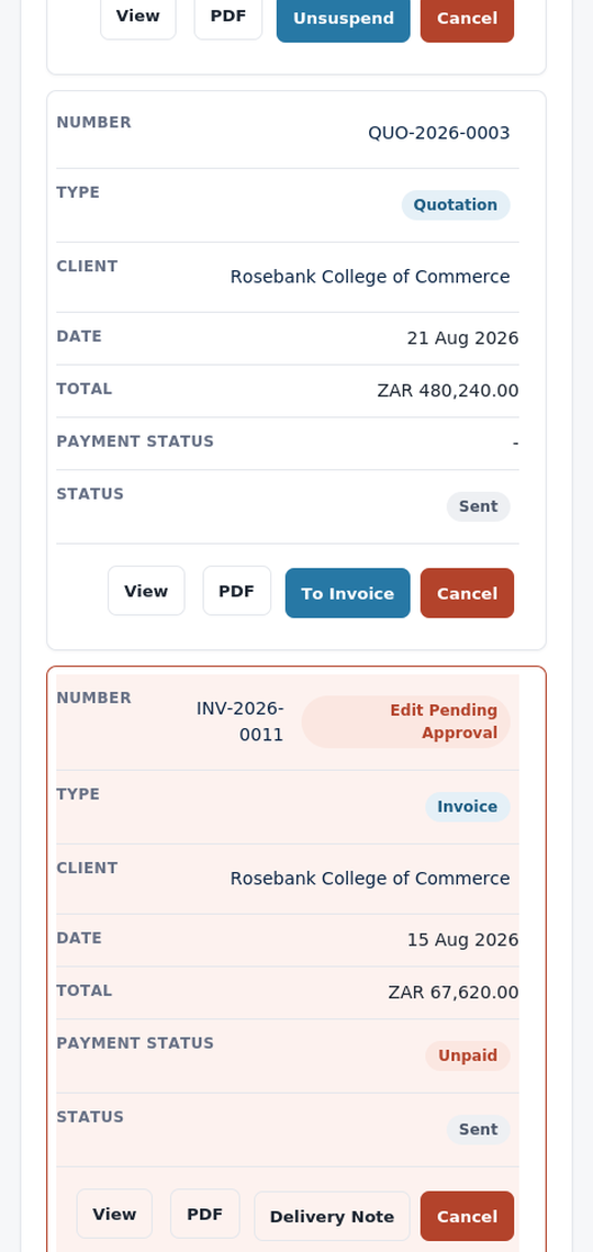 Education Services Website & Staff Portal: Mobile portal invoices