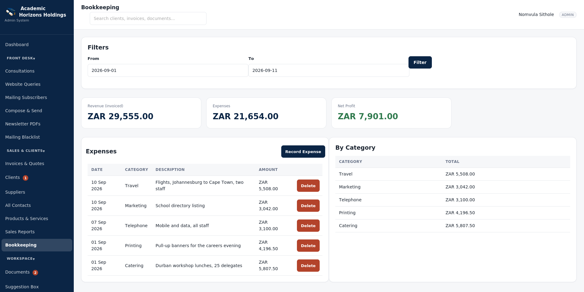 Education Services Website & Staff Portal: Portal bookkeeping