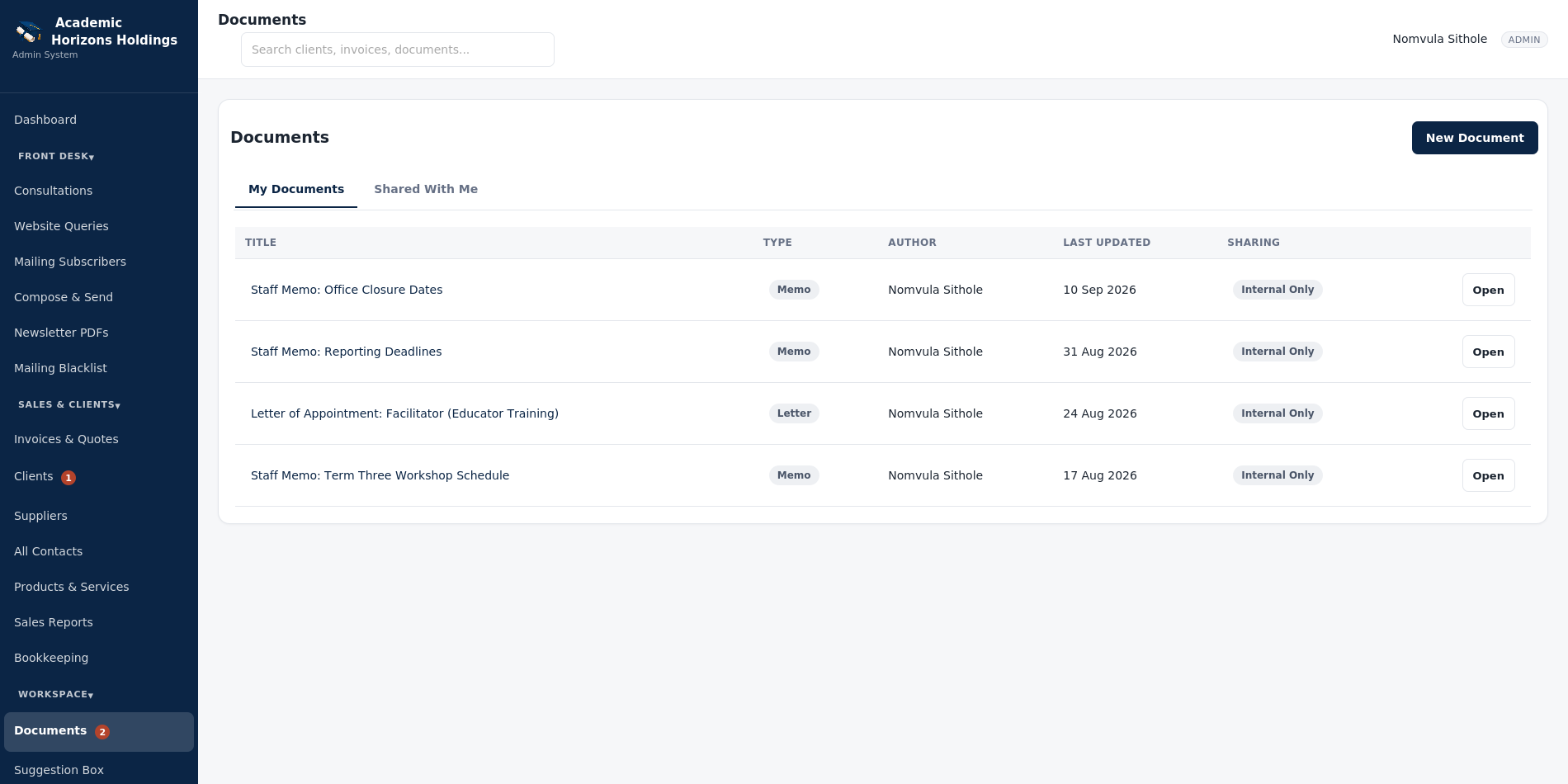 Education Services Website & Staff Portal: Portal documents