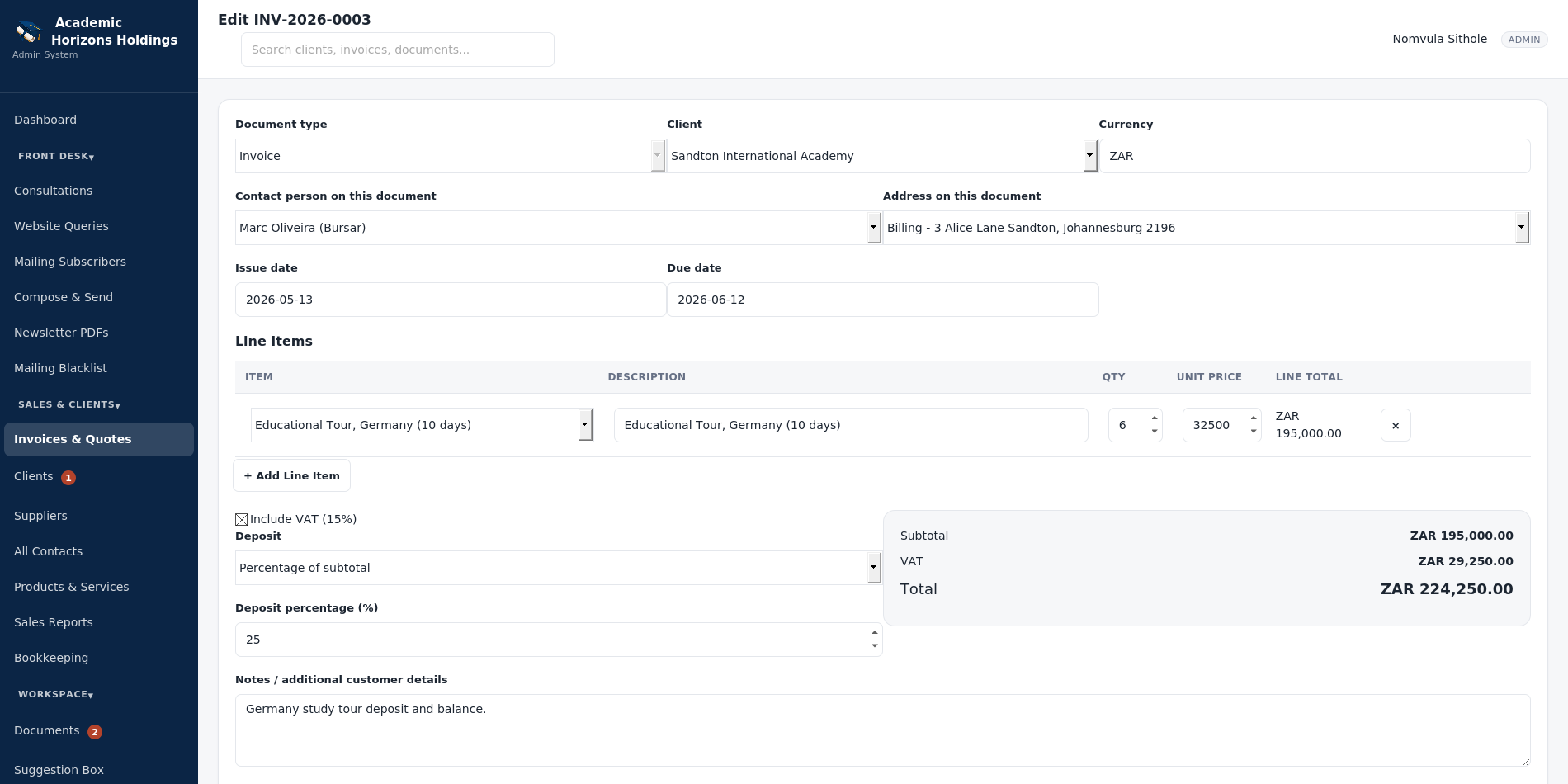 Education Services Website & Staff Portal: Portal invoice builder