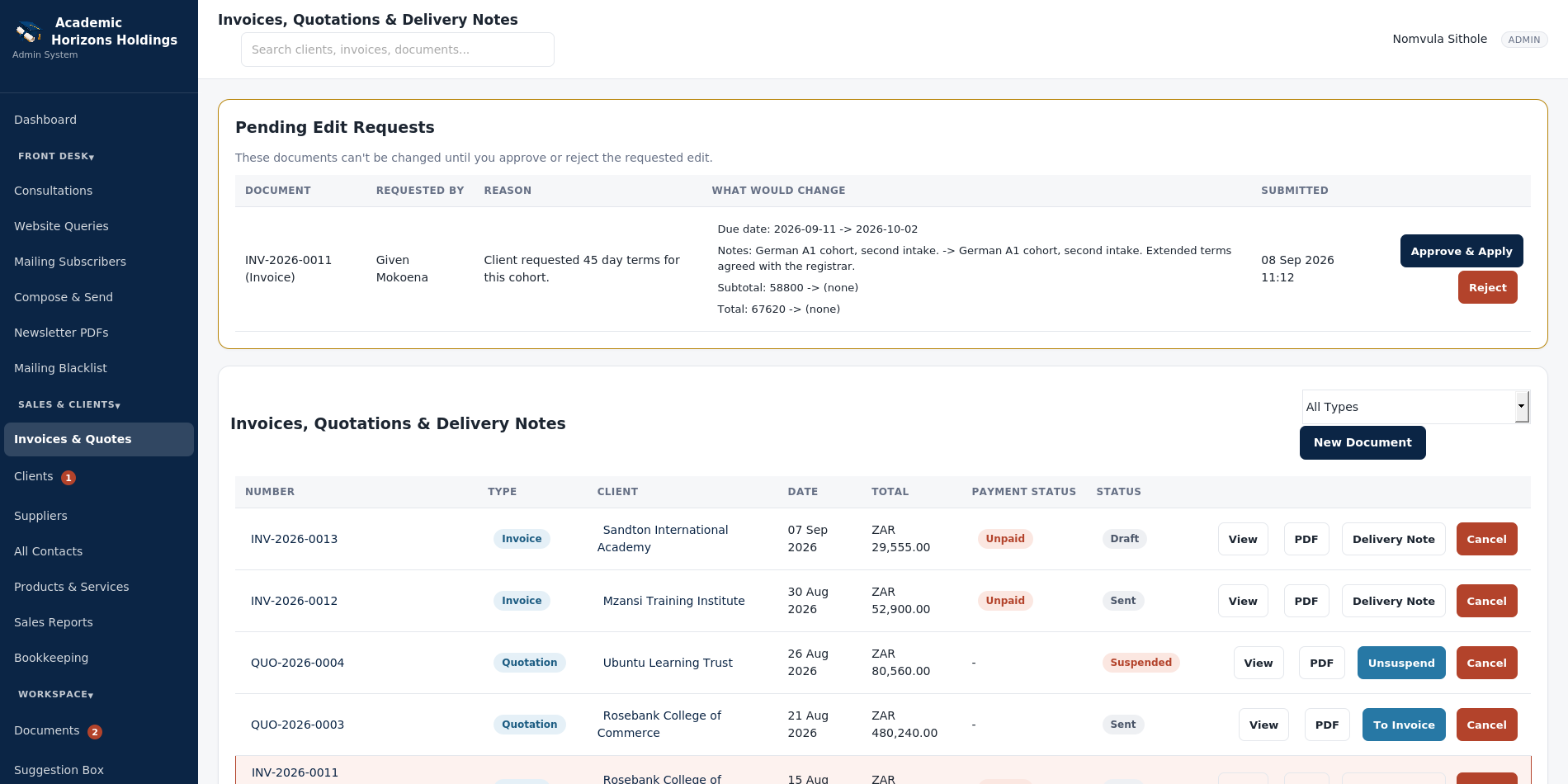 Education Services Website & Staff Portal: Portal invoices