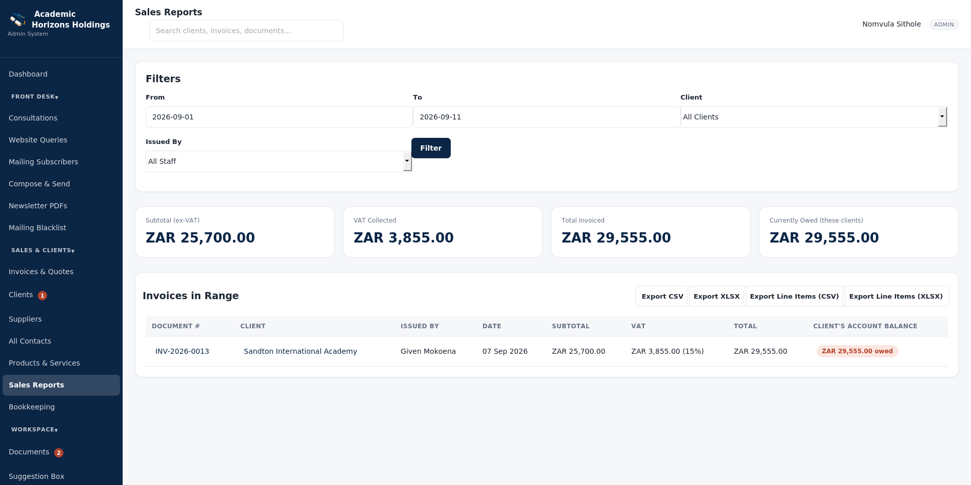 Education Services Website & Staff Portal: Portal sales reports