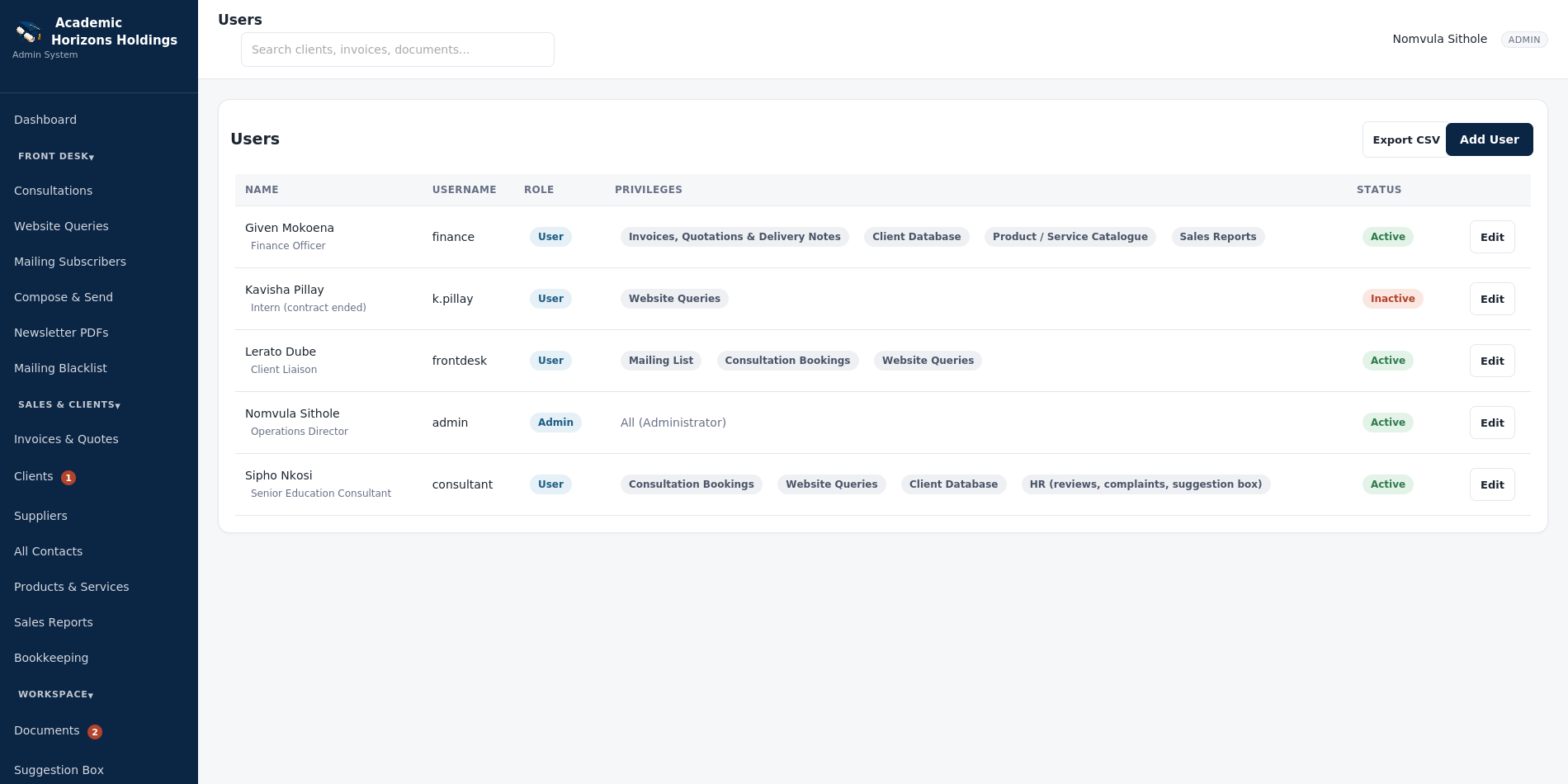 Education Services Website & Staff Portal: Portal staff access