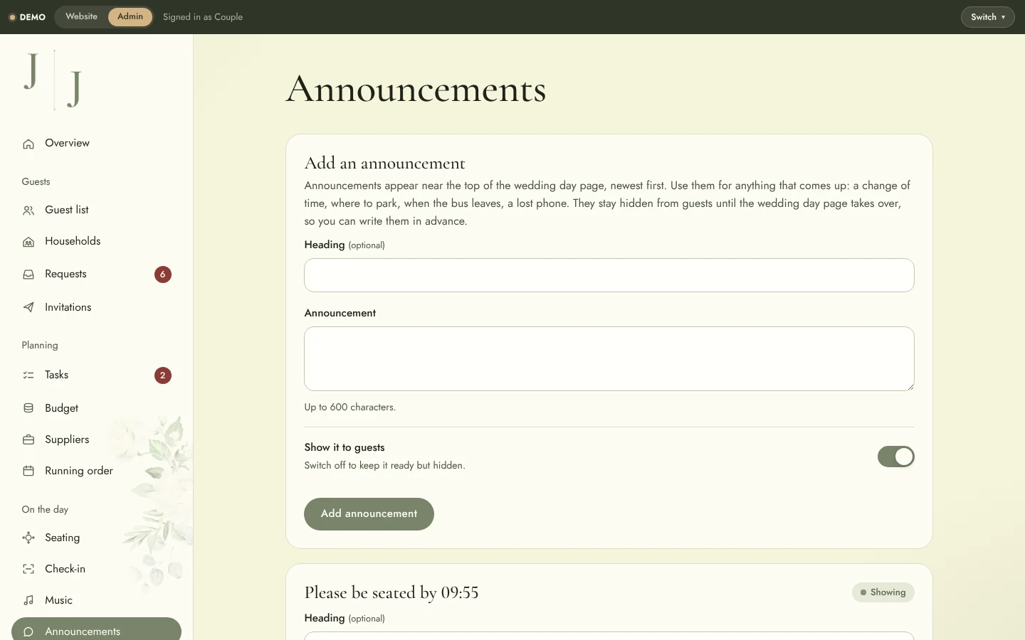 Wedding Website & Wedding Planning System: Admin announcements