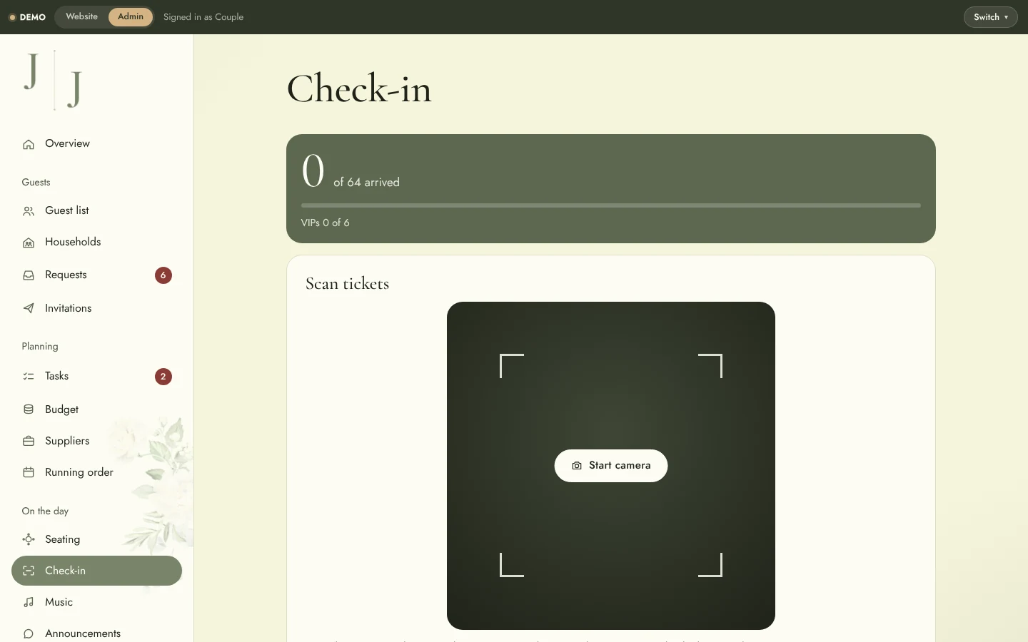 Wedding Website & Wedding Planning System: Admin checkin