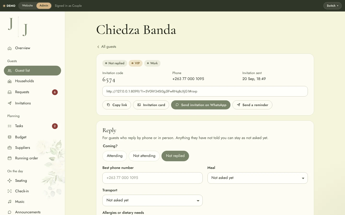 Wedding Website & Wedding Planning System: Admin guest