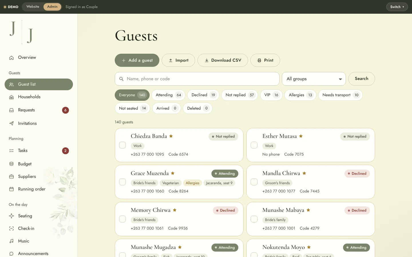 Wedding Website & Wedding Planning System: Admin guests