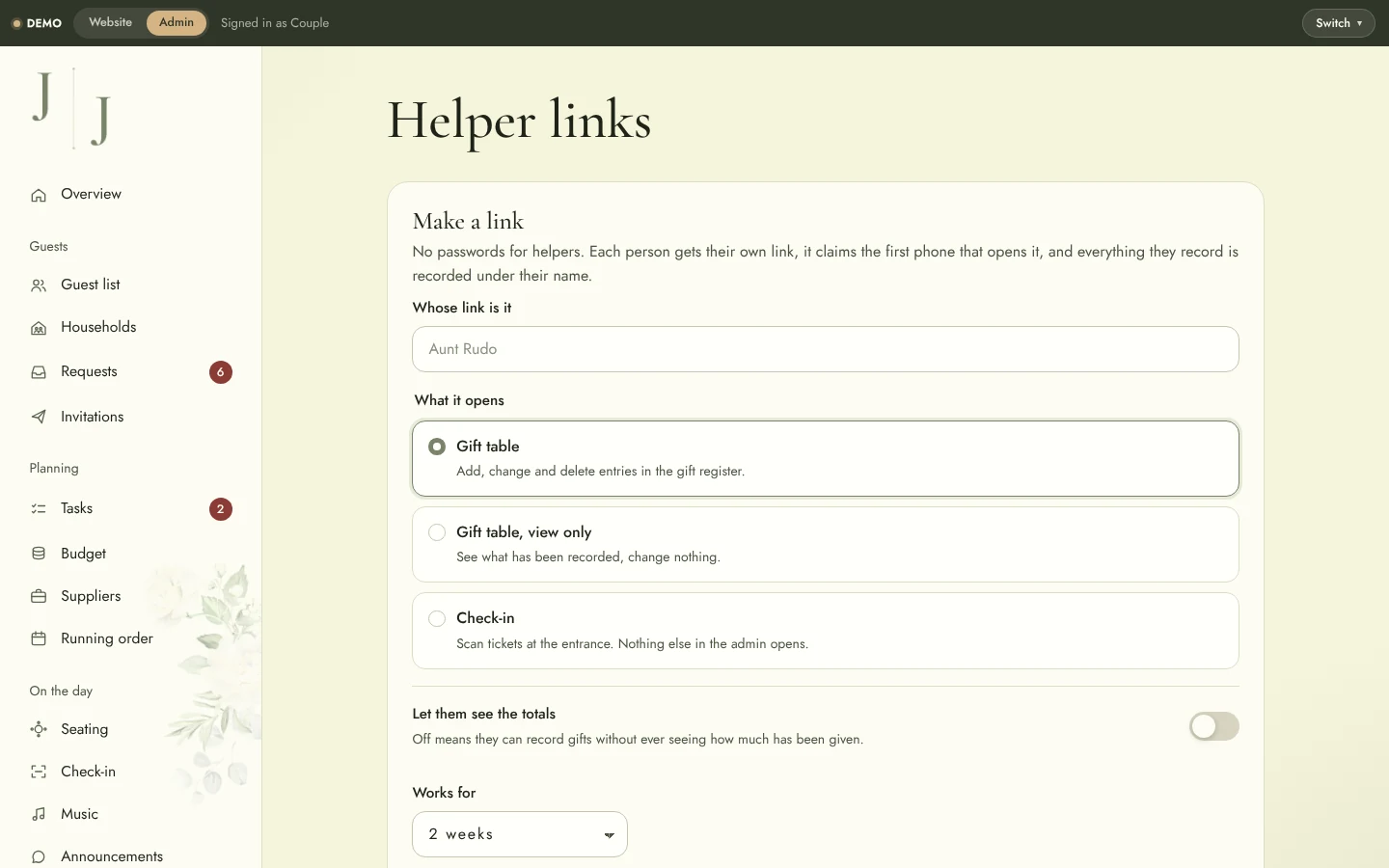Wedding Website & Wedding Planning System: Admin helper links