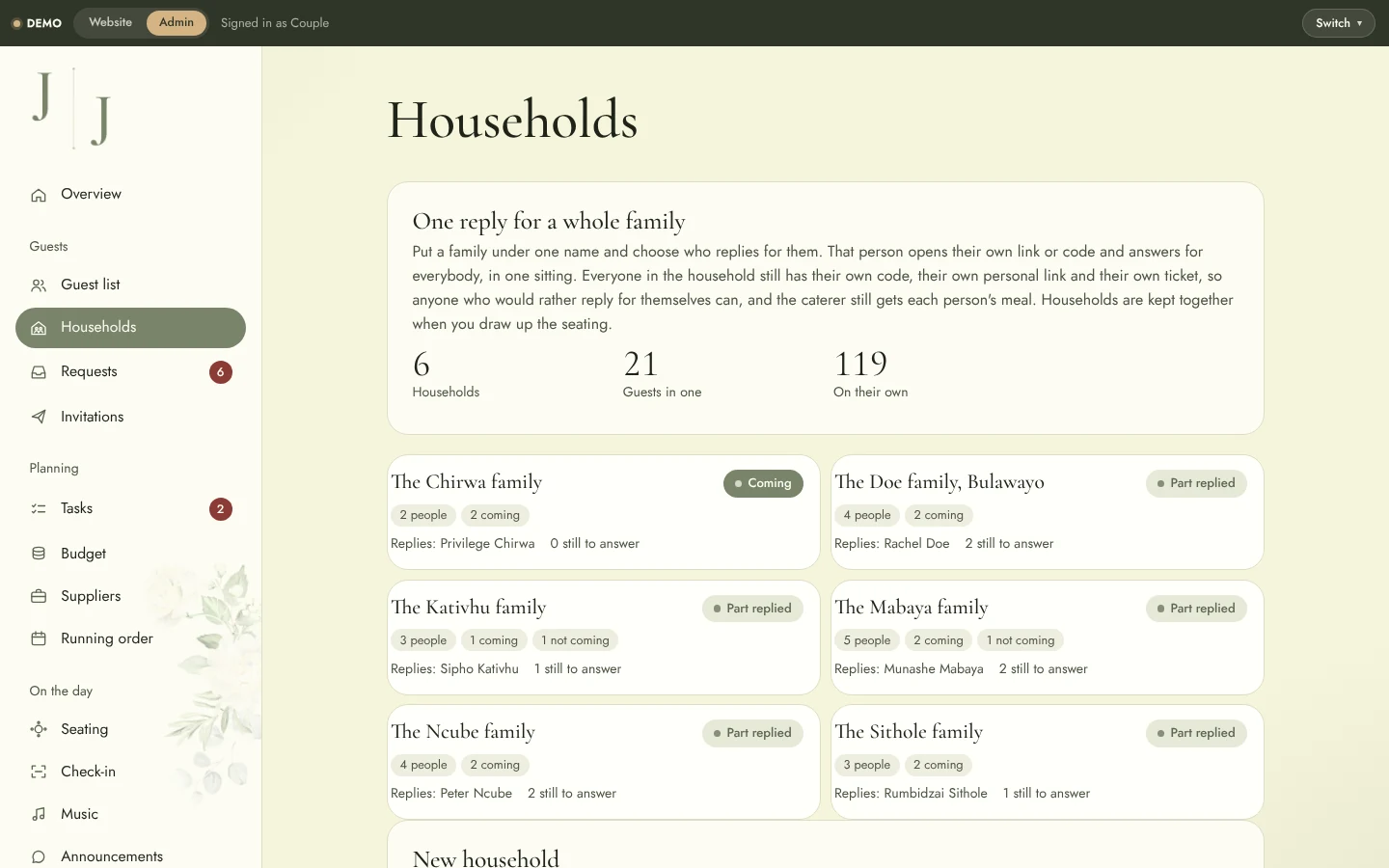 Wedding Website & Wedding Planning System: Admin households