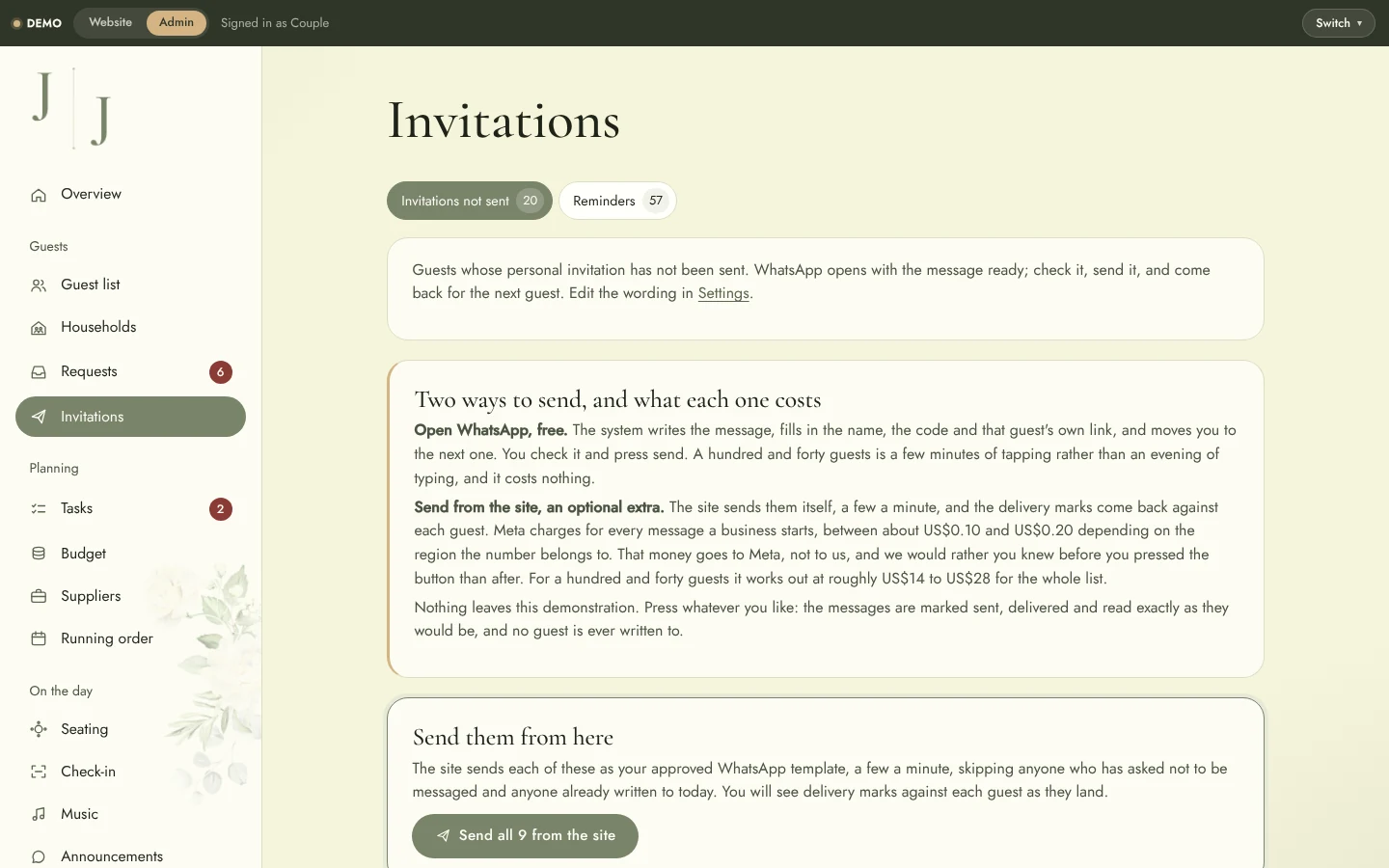 Wedding Website & Wedding Planning System: Admin invitations