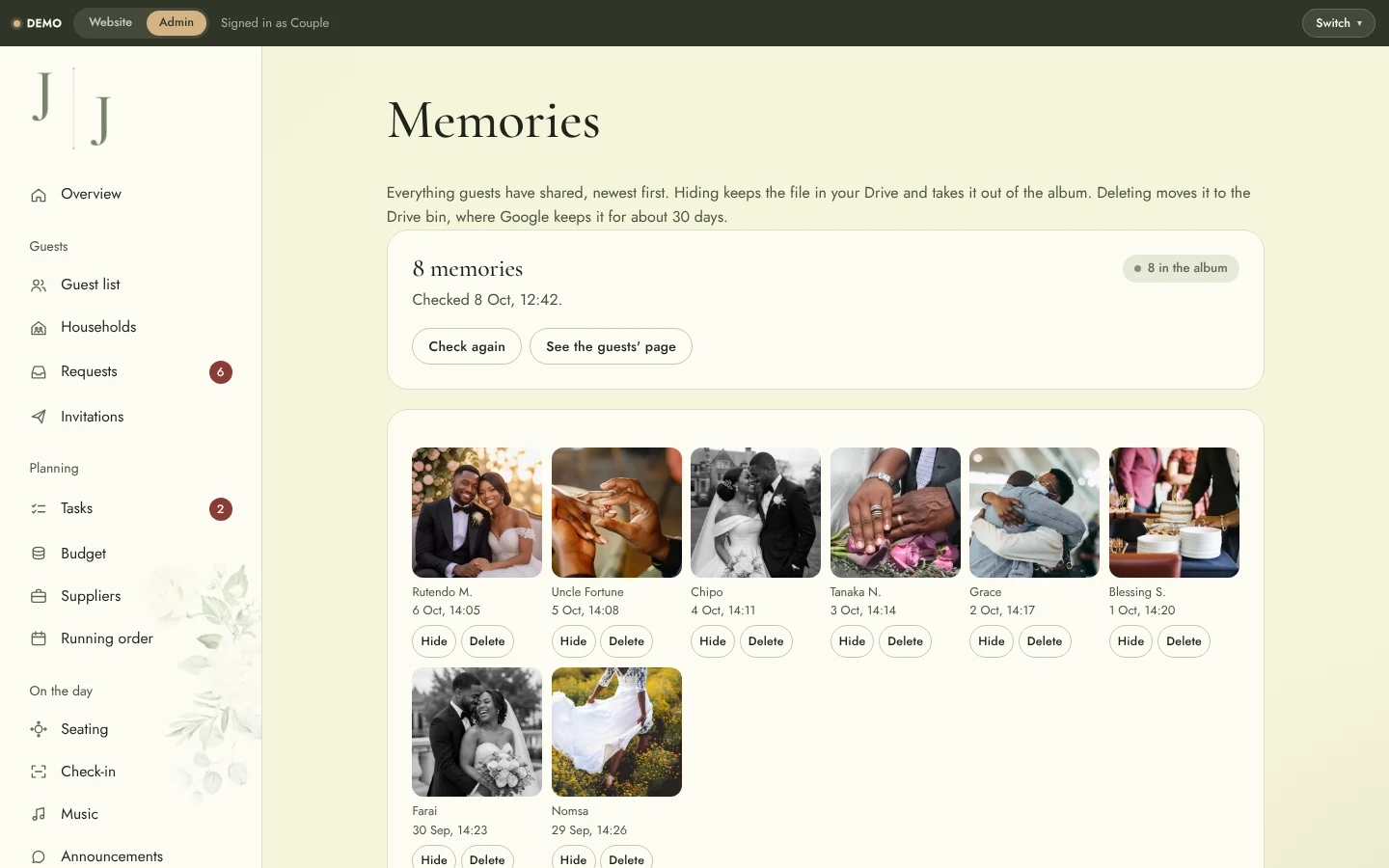 Wedding Website & Wedding Planning System: Admin memories