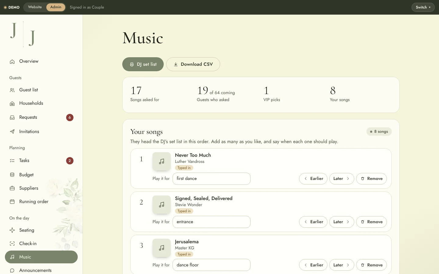 Wedding Website & Wedding Planning System: Admin music
