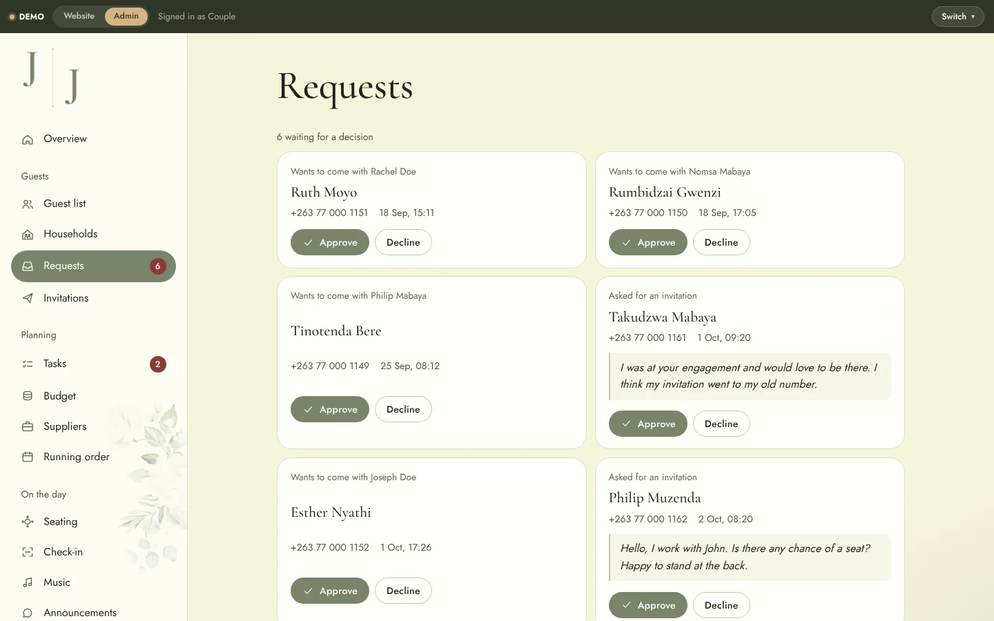 Wedding Website & Wedding Planning System: Admin requests