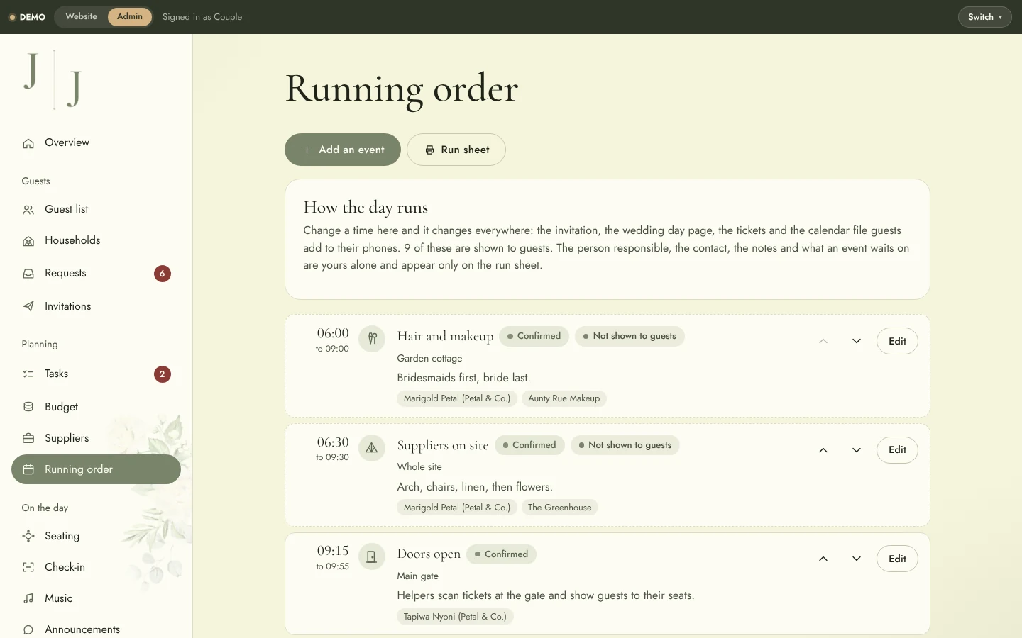 Wedding Website & Wedding Planning System: Admin running order