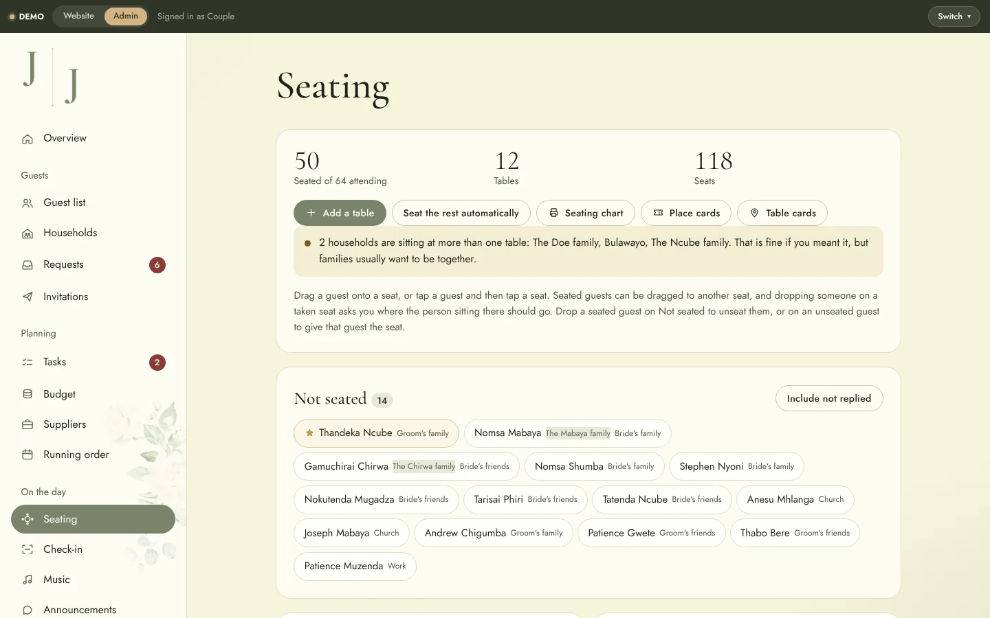 Wedding Website & Wedding Planning System: Admin seating