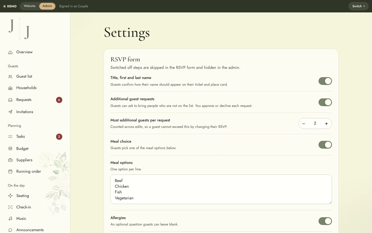 Wedding Website & Wedding Planning System: Admin settings