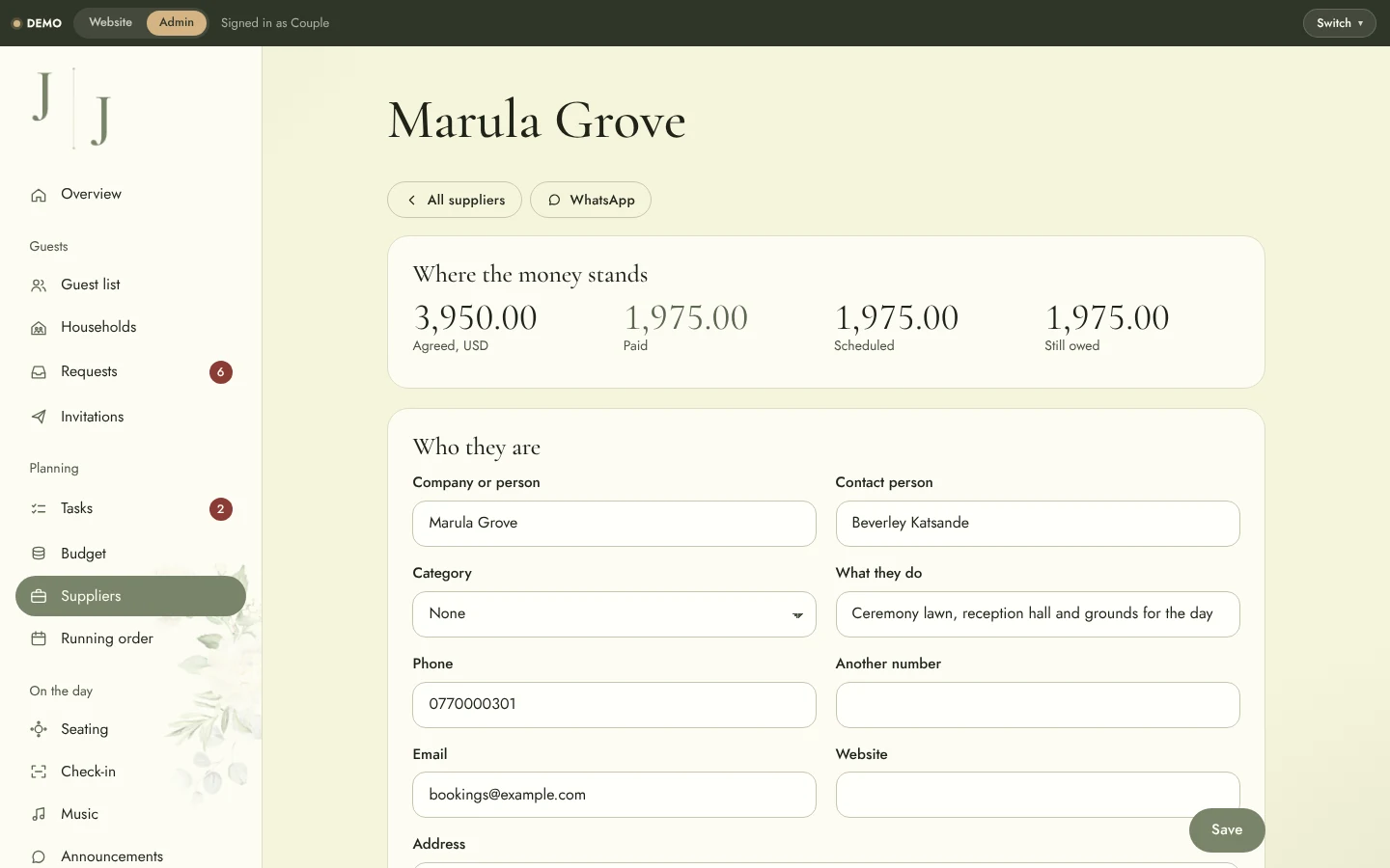 Wedding Website & Wedding Planning System: Admin supplier