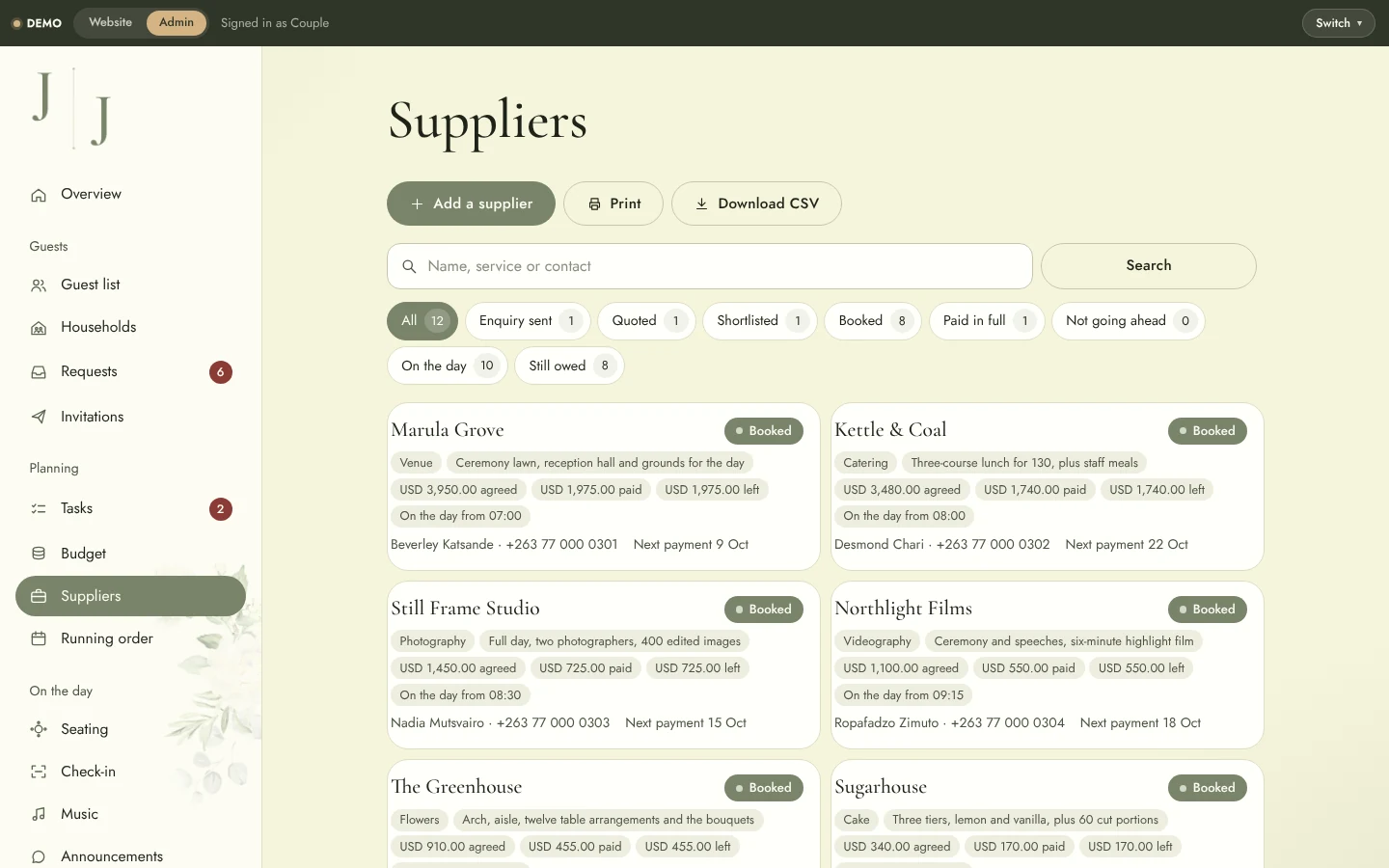 Wedding Website & Wedding Planning System: Admin suppliers