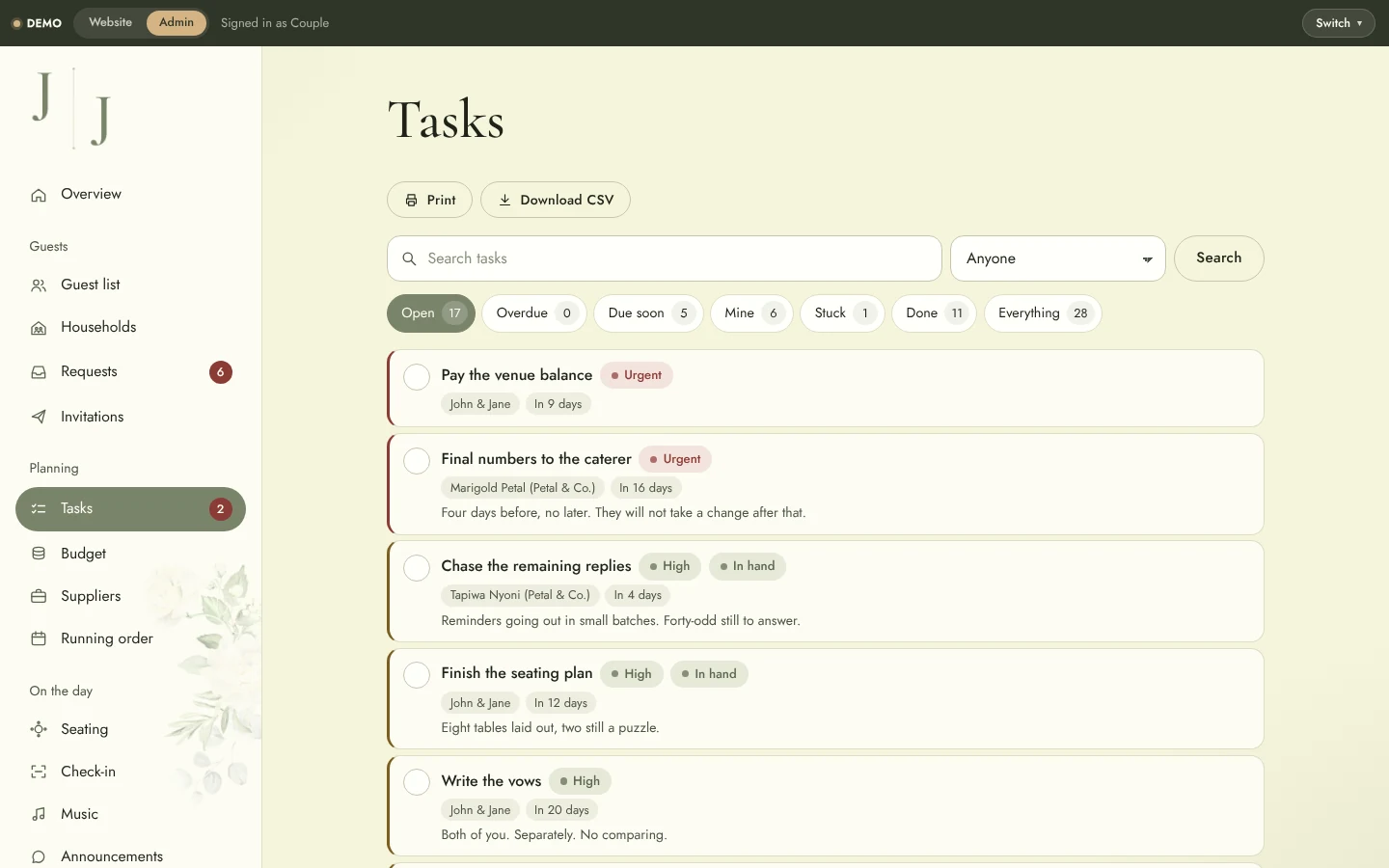 Wedding Website & Wedding Planning System: Admin tasks