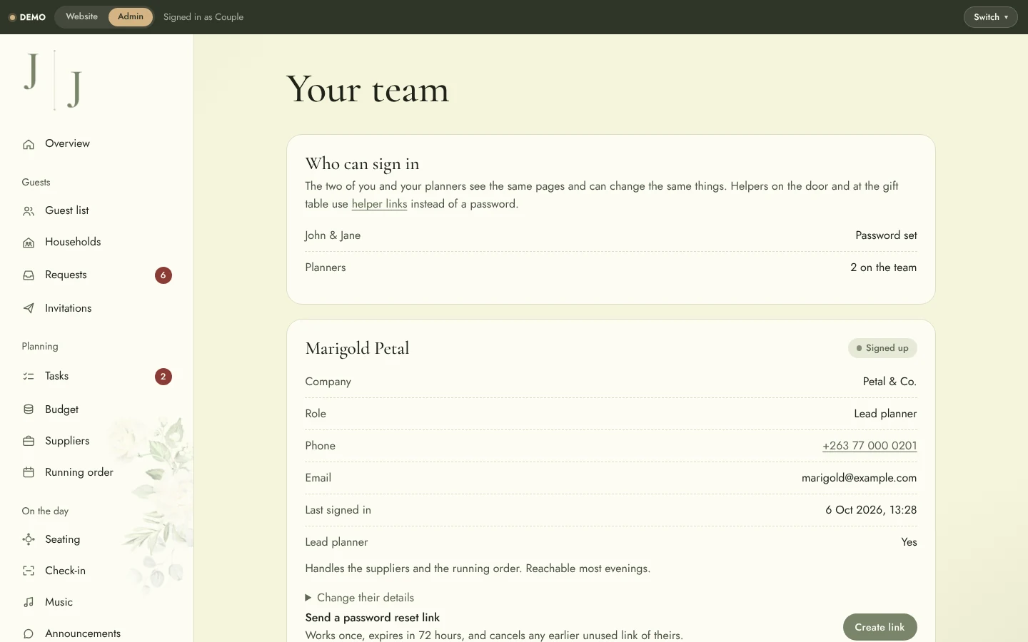 Wedding Website & Wedding Planning System: Admin team