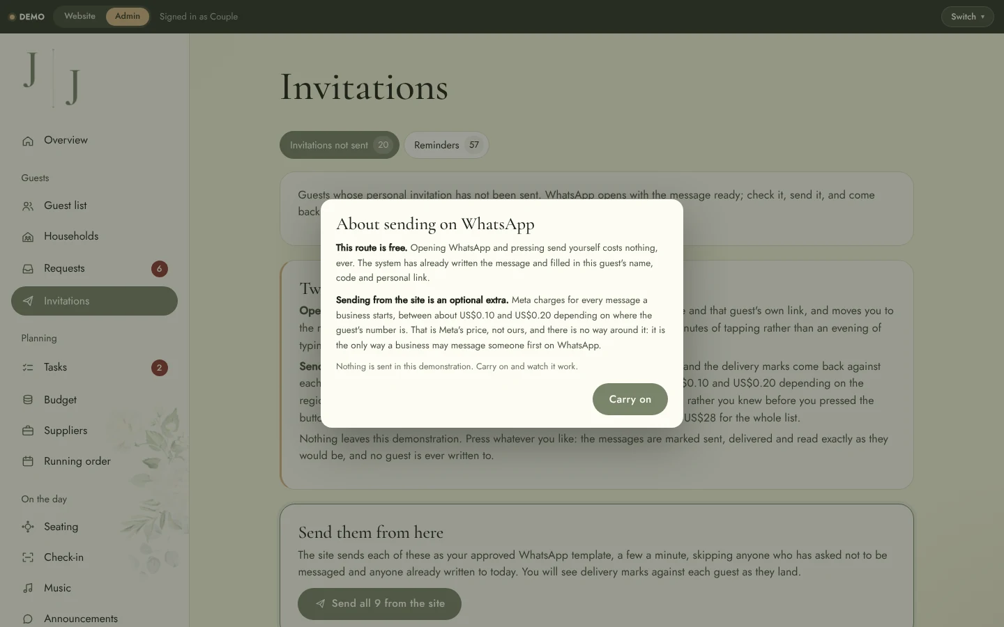 Wedding Website & Wedding Planning System: Admin whatsapp cost