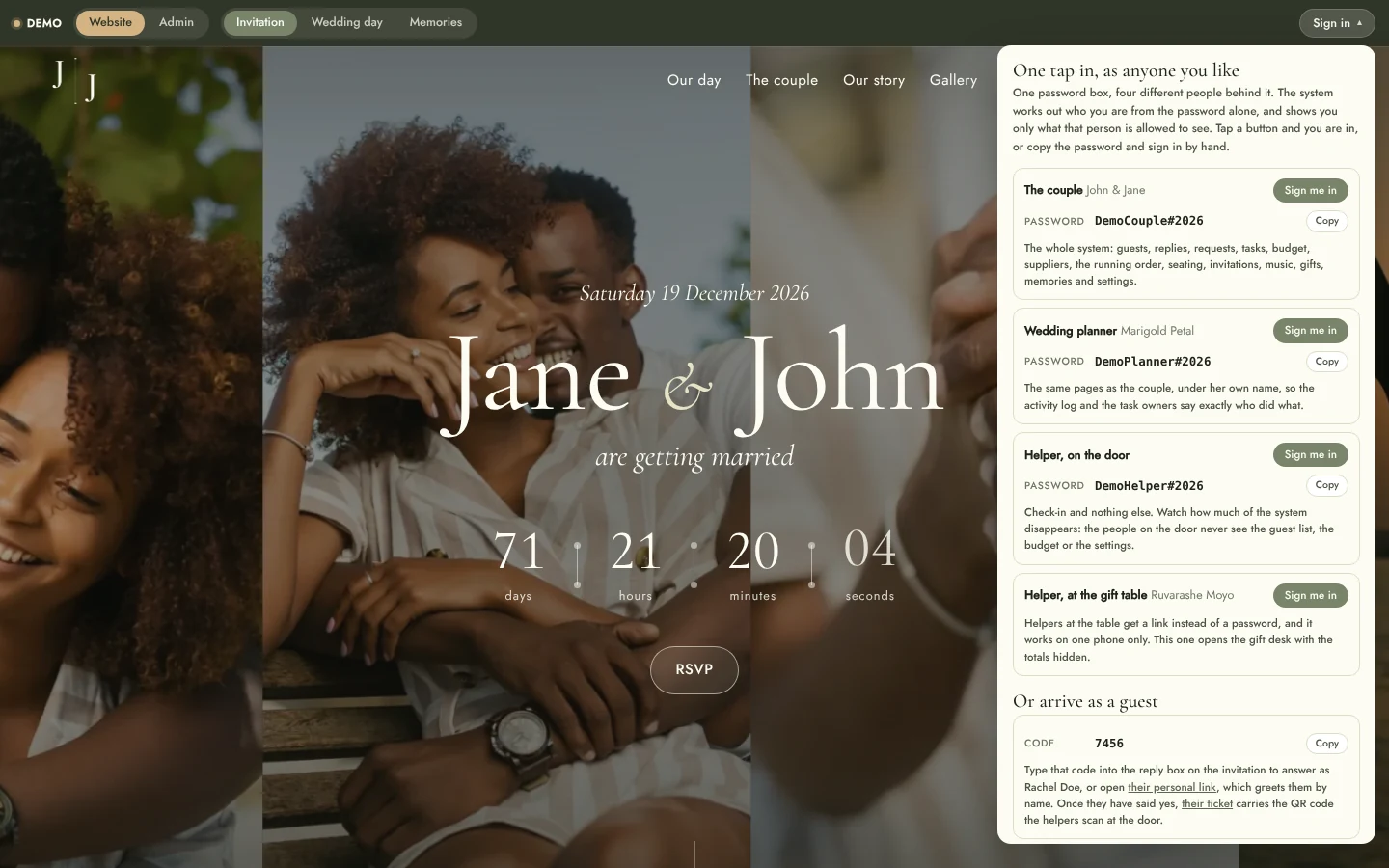 Wedding Website & Wedding Planning System: Demo sign ins