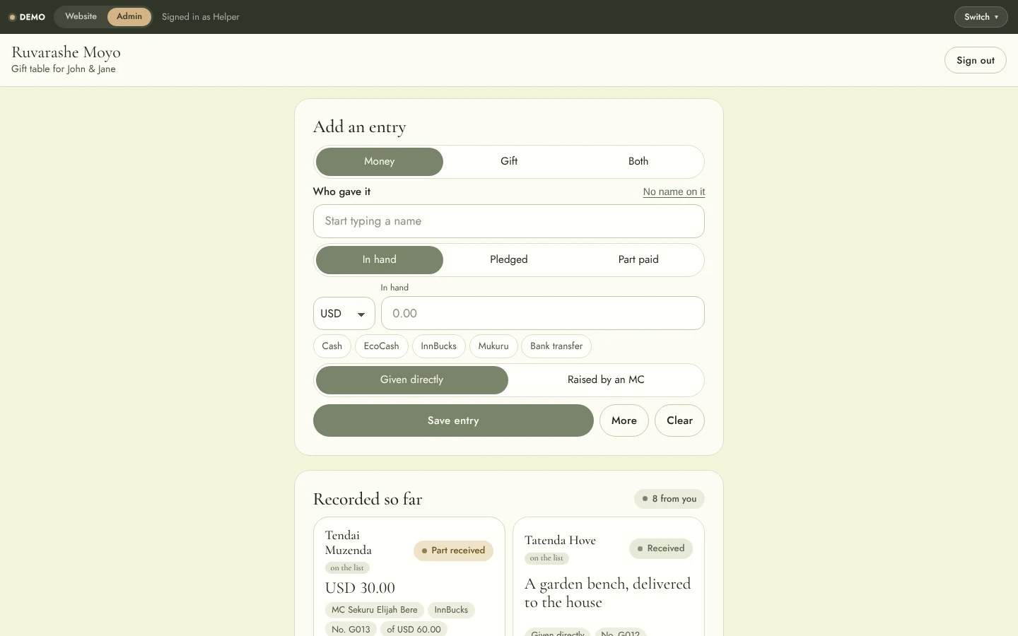 Wedding Website & Wedding Planning System: Helper gift table