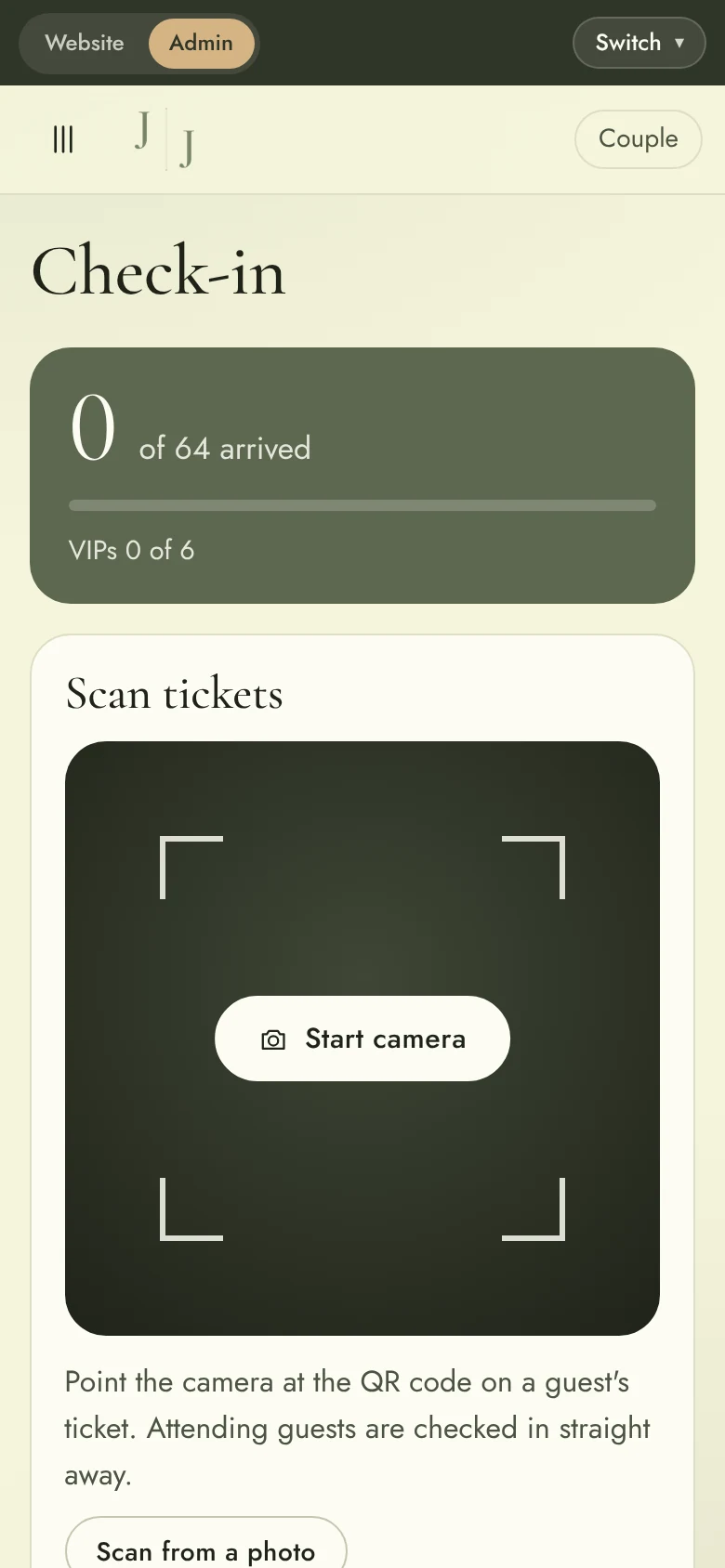 Wedding Website & Wedding Planning System: Mobile admin checkin