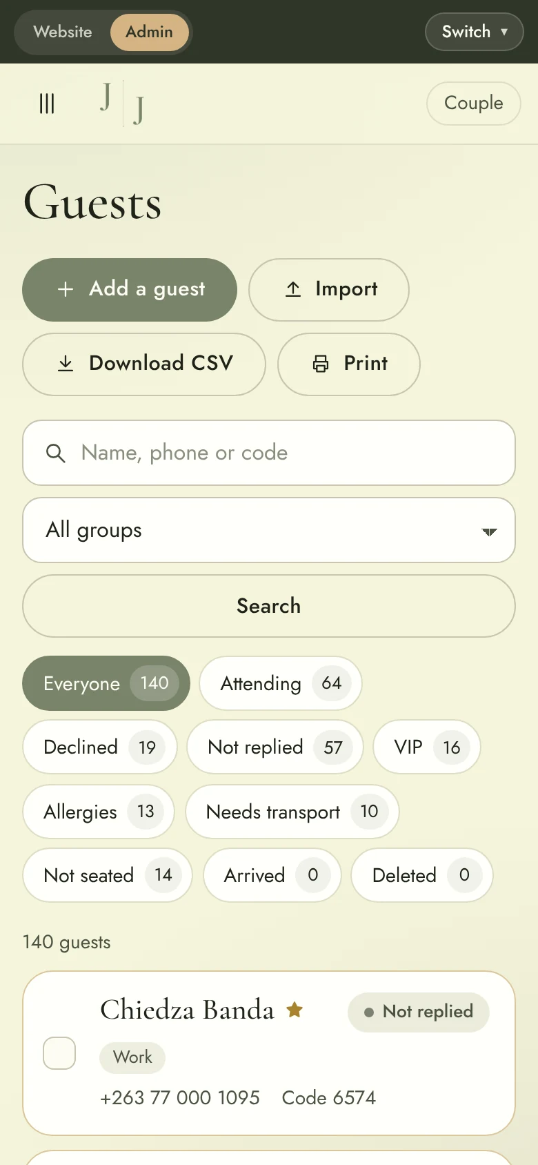 Wedding Website & Wedding Planning System: Mobile admin guests