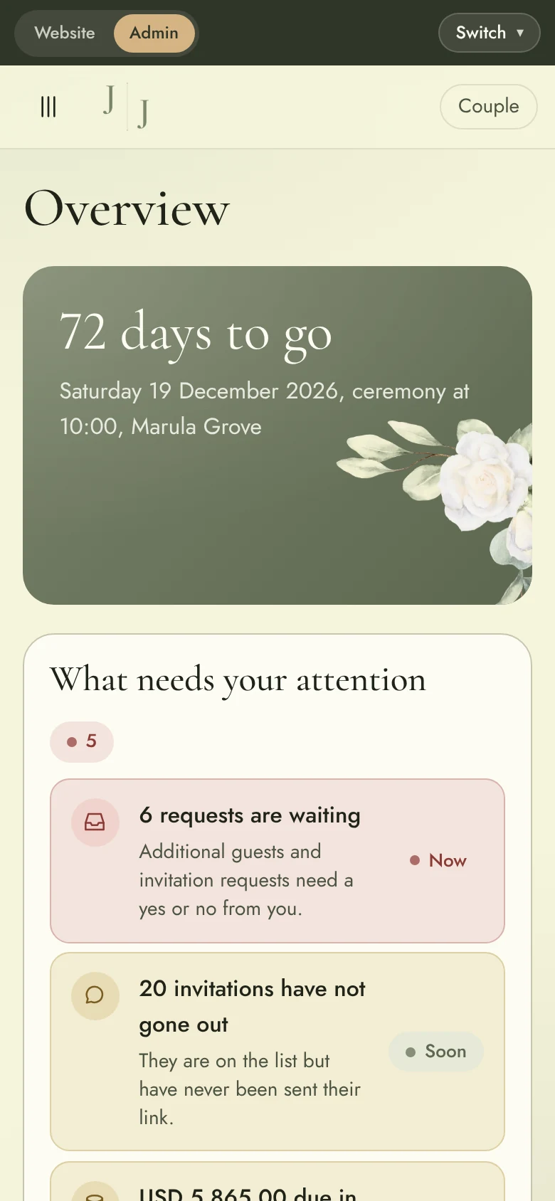 Wedding Website & Wedding Planning System: Mobile admin overview