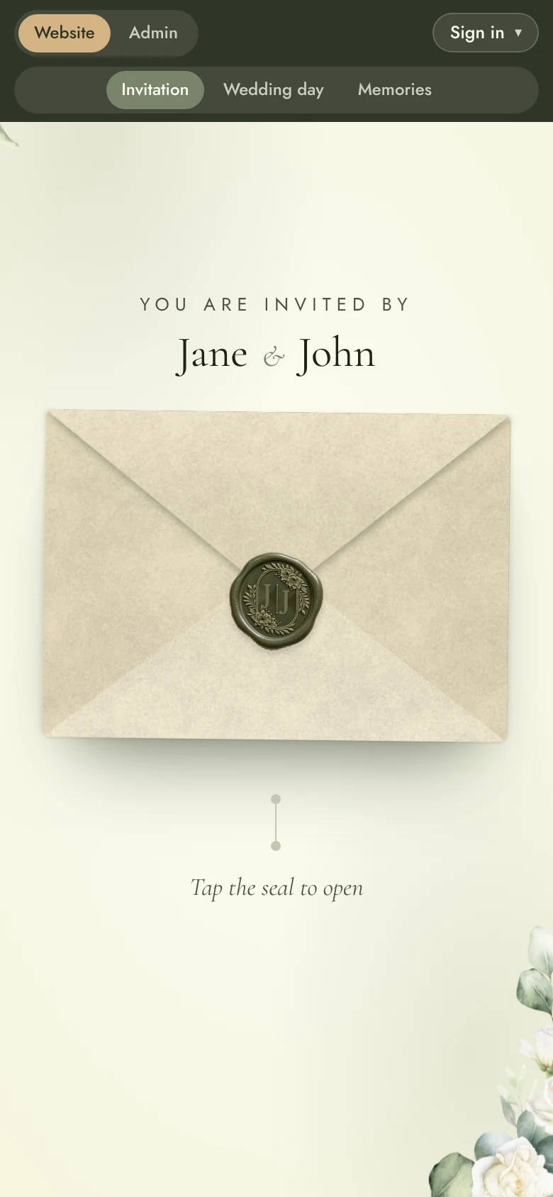 Wedding Website & Wedding Planning System: Mobile website envelope