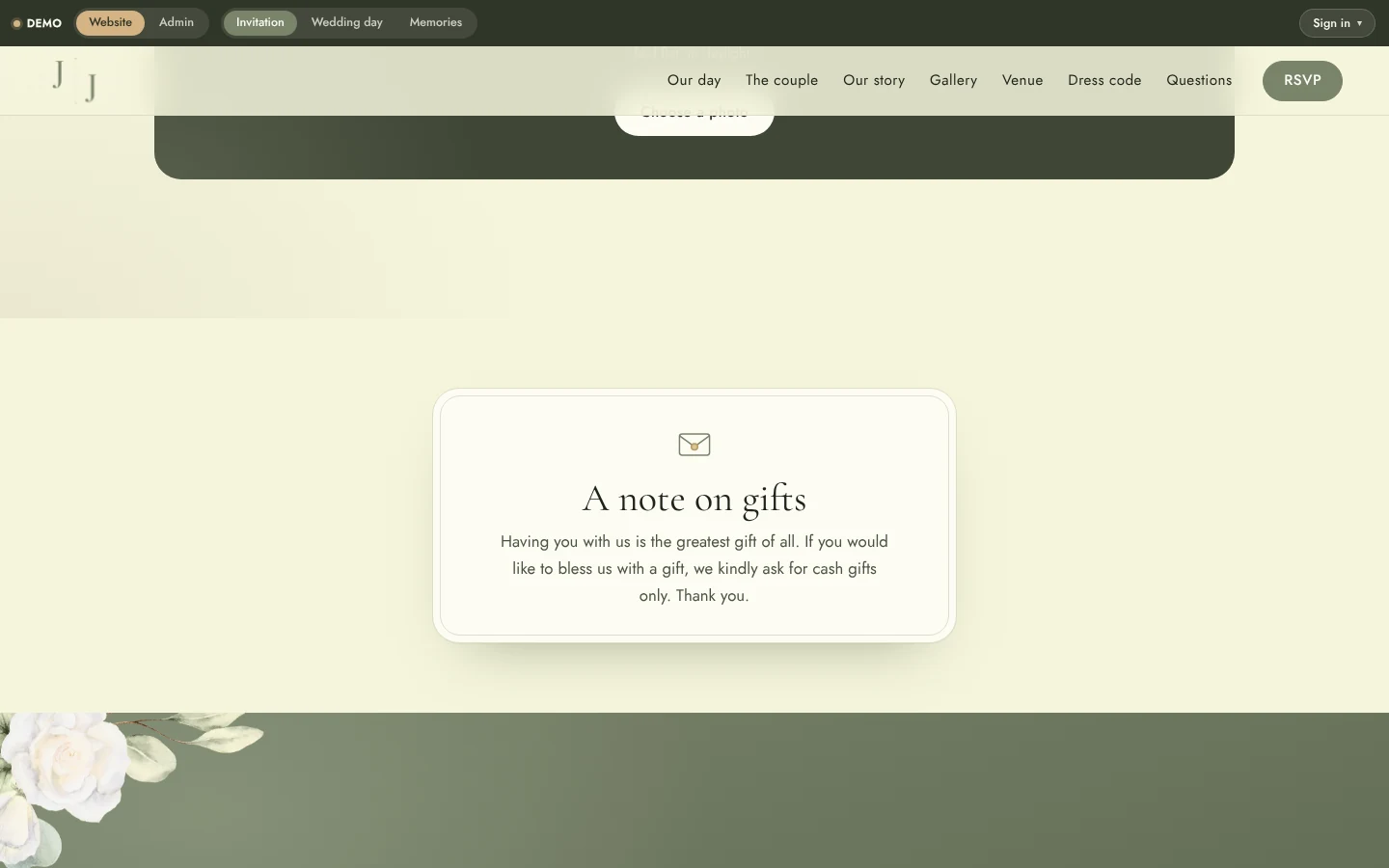 Wedding Website & Wedding Planning System: Website gifts note