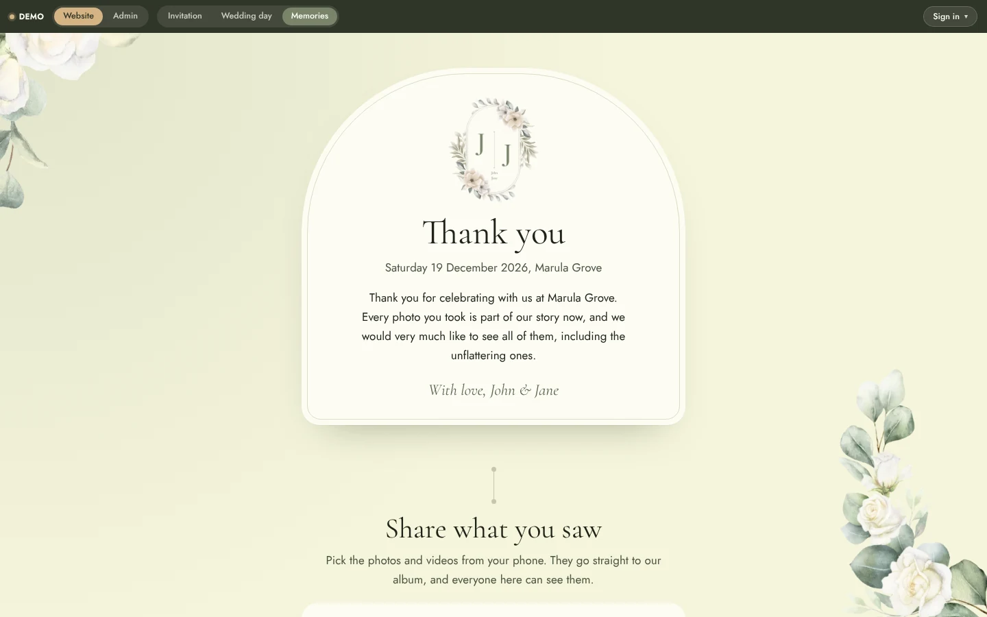 Wedding Website & Wedding Planning System: Website memories